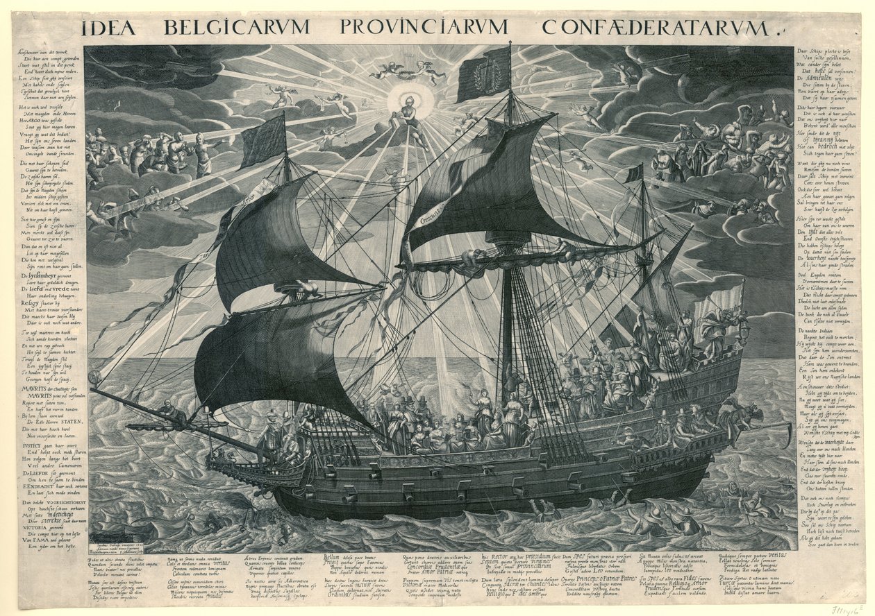 Statek państwa, 1620 Alegoria szczęśliwego stanu kraju po synodzie w Dordrecht Idea Belgicarum Provinciarum Confaederatarum (tytuł na obiekcie) autorstwa François Schillemans