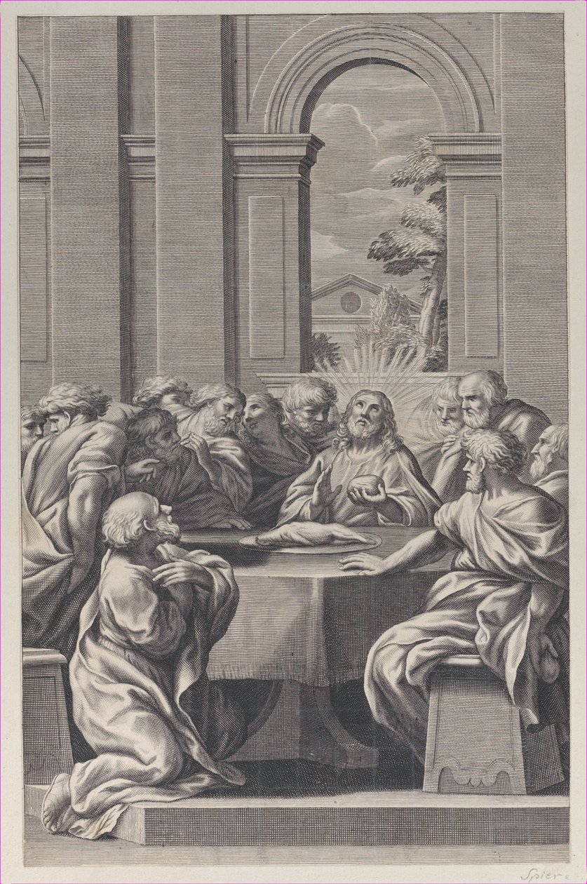 Ostatnia Wieczerza, wnętrze klasycystycznej budowli z siedzibą Chrystusa i jego apostołów..., 1660-81. autorstwa François Spierre