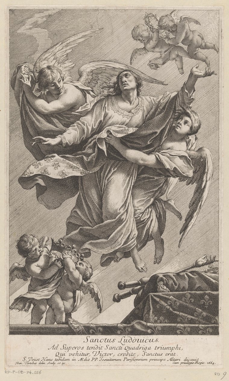 Święty Ludwik IX niesiony do nieba przez dwa anioły Sanctus Ludovicus (tytuł na obiekcie) autorstwa François Tortebat