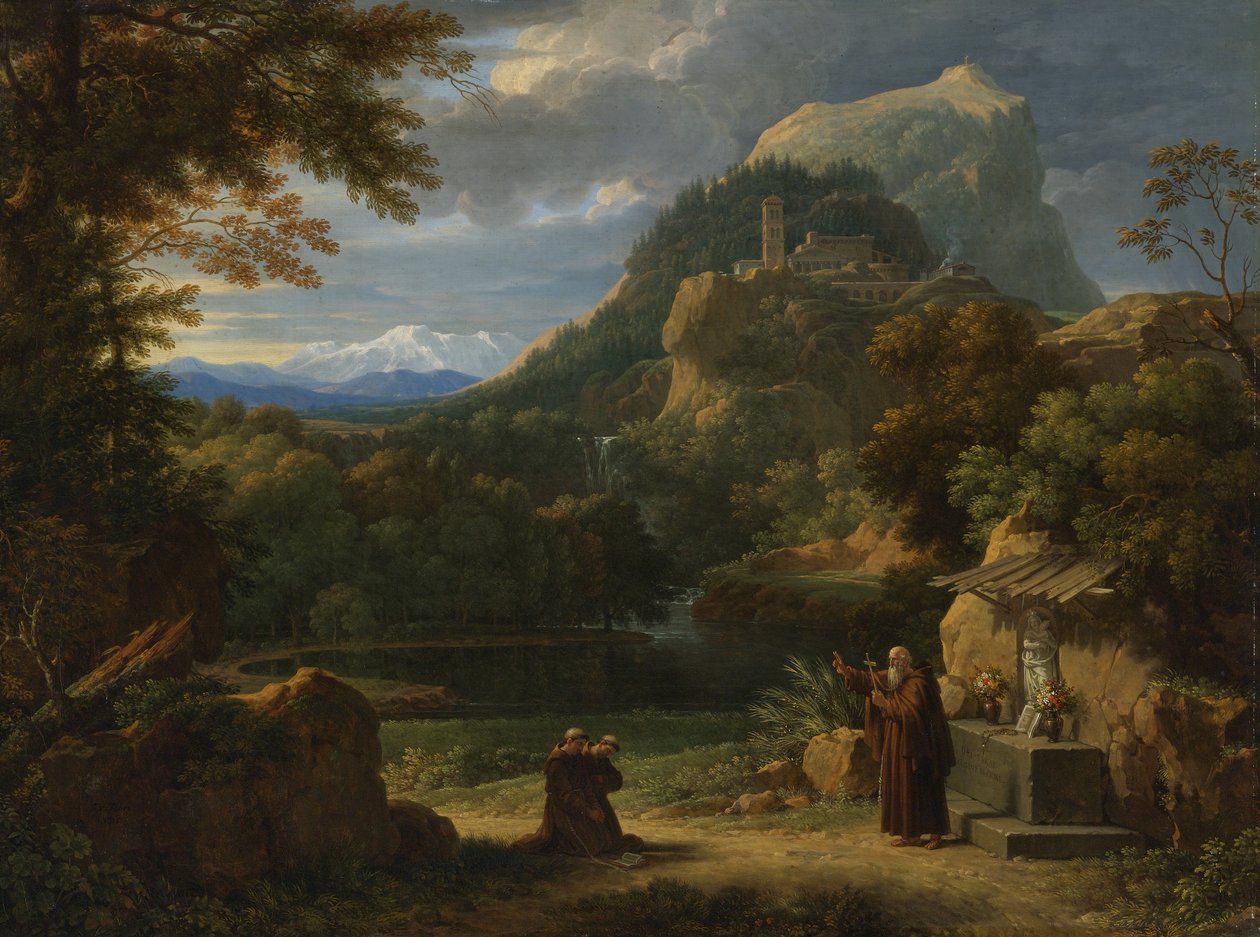 Święty Antoni z Padwy przedstawiający dwóch nowicjuszy braciom w górskim krajobrazie autorstwa Francois Xavier Fabre