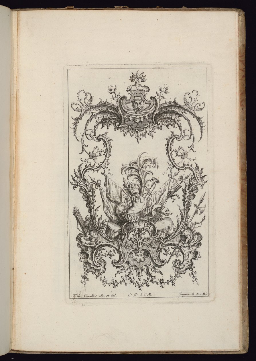 Kartusz z trofeum herbowym, Livre d’ornements (Księga ozdób) autorstwa François de Cuvilliés the Elder