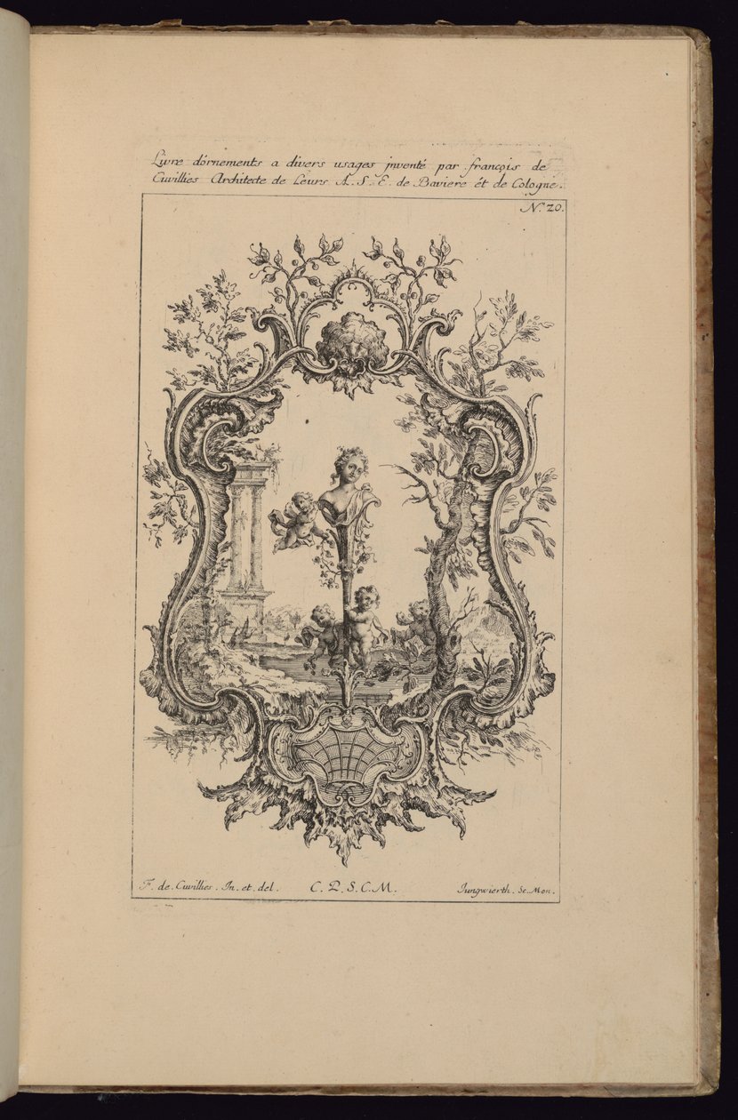 Kartusz z kobiecym popiersiem, Livre d’ornements (Księga ozdób) autorstwa François de Cuvilliés the Elder