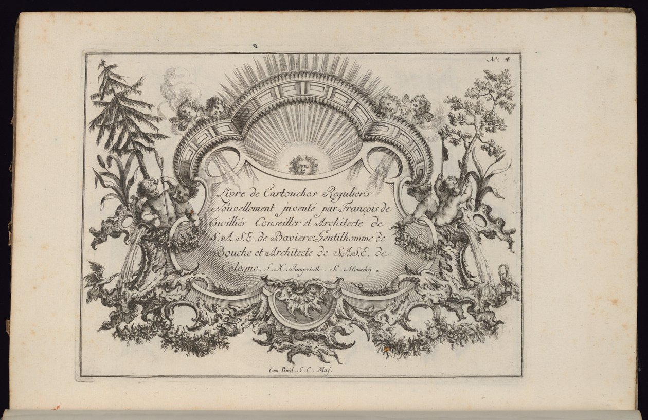 Kartusz ze słońcem i czterema wiatrami, Livre de Cartouches Reguliers (Księga kartuszów regularnych) autorstwa François de Cuvilliés the Elder