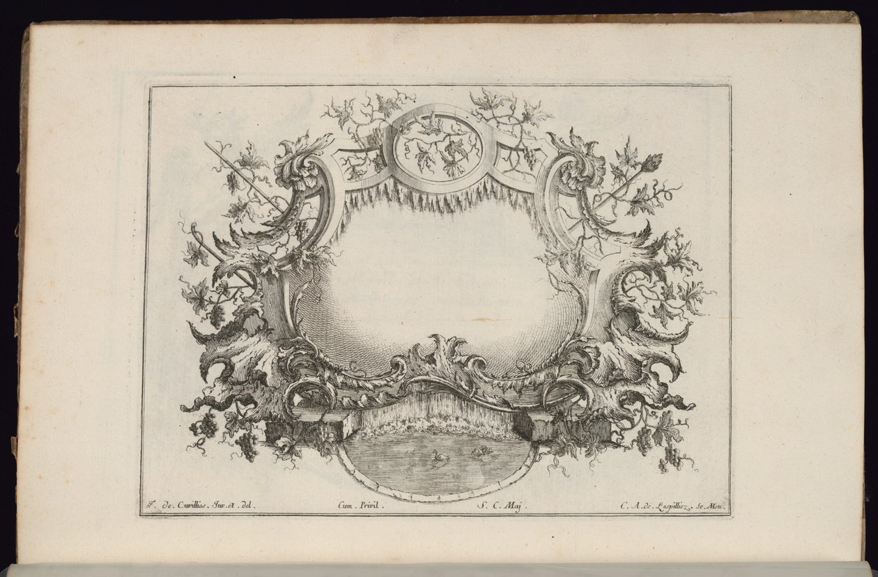 Kartusz z liśćmi wina i winogronami, Livre de Cartouches Reguliers (Księga kartuszów regularnych) autorstwa François de Cuvilliés the Elder