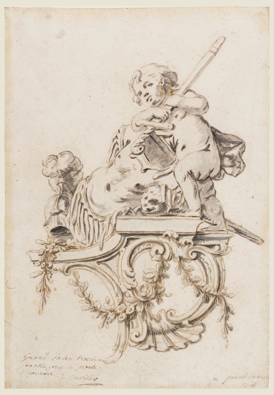 Projekt rzeźbionego wspornika z Putto w towarzystwie atrybutów wojny, dla Grand Trianon, Wersal autorstwa François de Cuvilliés the younger