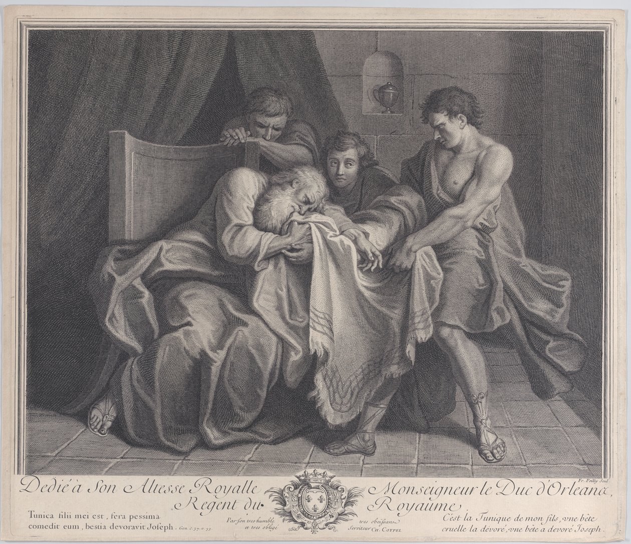 Jakub płacze w szatę syna, podczas gdy inni synowie ją od niego odciągają, 1724. autorstwa François de Poilly