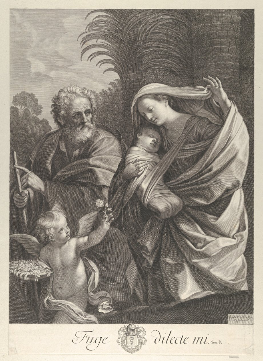 Ucieczka do Egiptu, wspólna wędrówka Świętej Rodziny, św. 1648-81. autorstwa François de Poilly