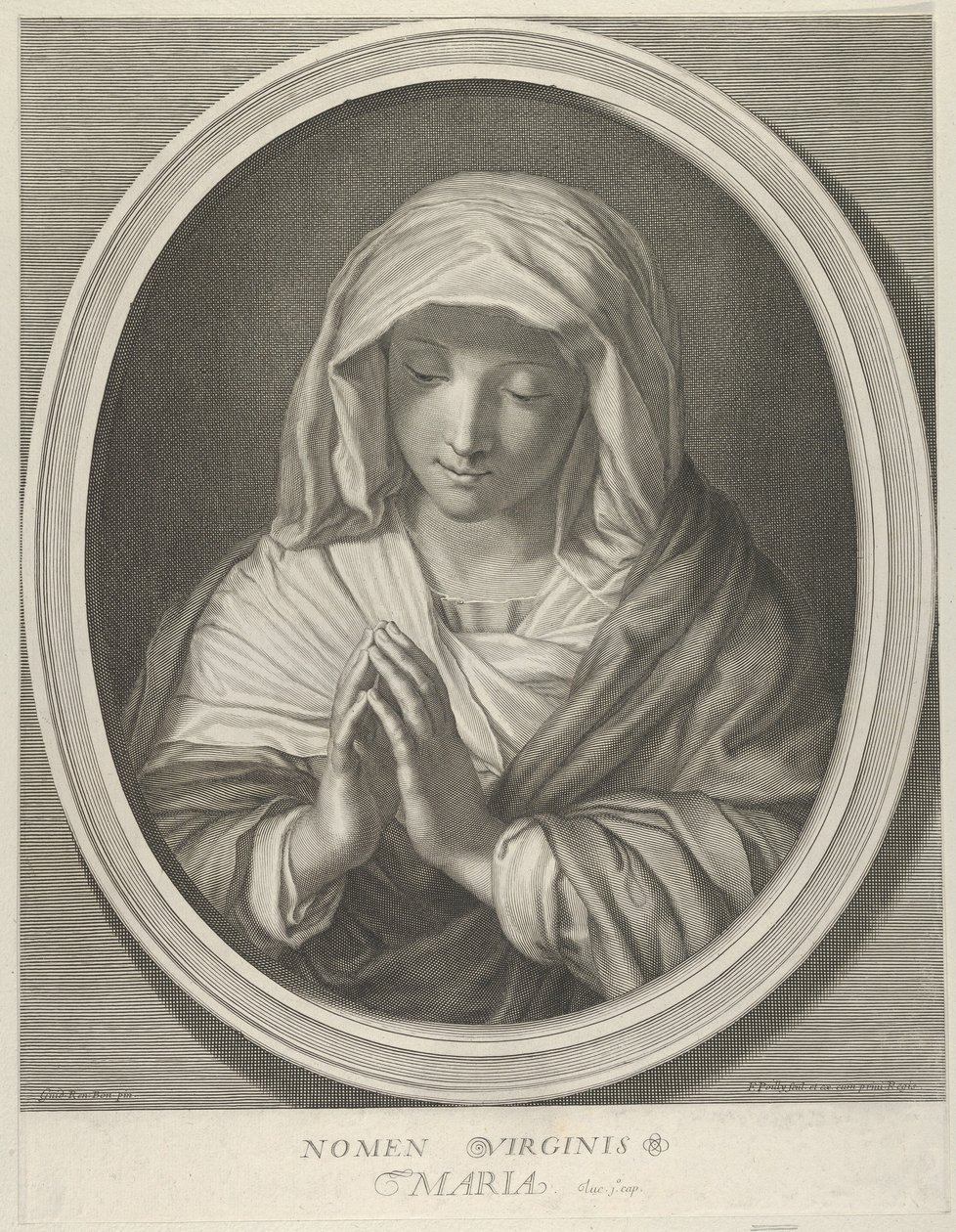 Modląca się Dziewica spoglądająca w dół, w owalnej ramie, według Reni, 1640-93. autorstwa François de Poilly