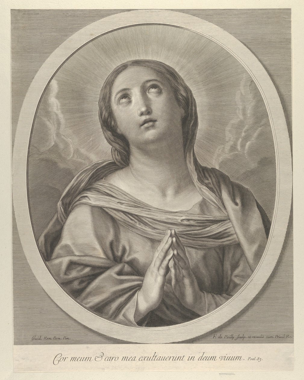 Dziewica w modlitwie, patrząca w górę z chmurami za sobą, w owalnej ramie, według Reni, ..., 1648-81. autorstwa François de Poilly
