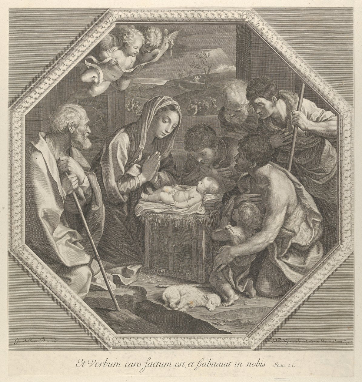 Adoracja pasterzy klęczących razem tuż przed Dzieciątkiem Chrystusem..., ok. godz. 1655-93. autorstwa François de Poilly
