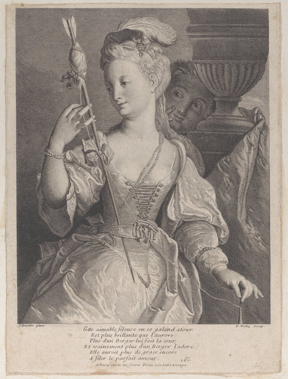 Młoda kobieta przędząca nić do strzały, 1686-1741. autorstwa François de Poilly