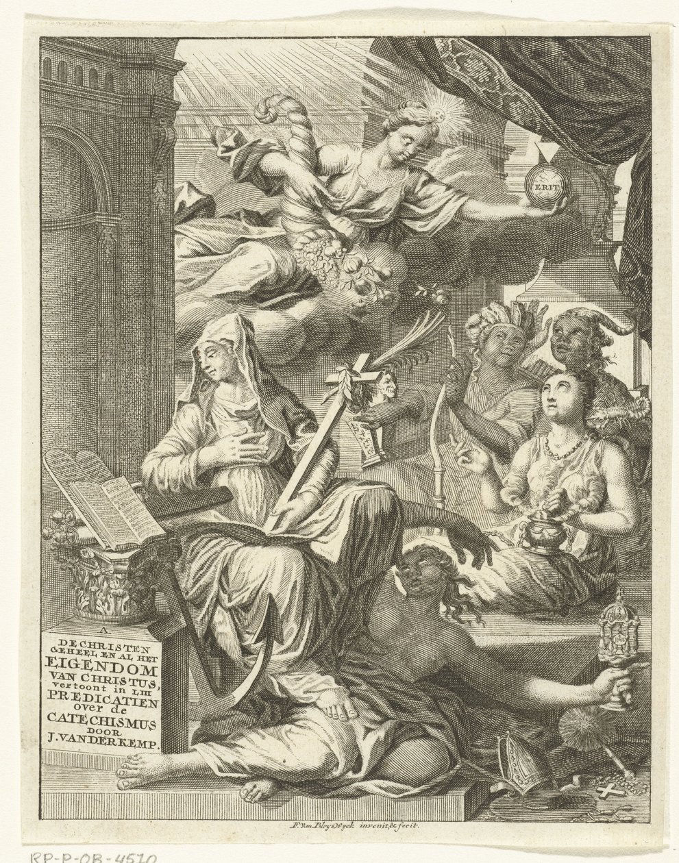 Alegoria z kobiecymi personifikacjami m.in. prawdy oraz cnót i wad Strona tytułowa: Johannes van der Kemp, Chrześcijanin w życiu i śmierci całkowicie należący do Chrystusa, przedstawia w 53 kazaniach o Świętym autorstwa François van Bleyswijck