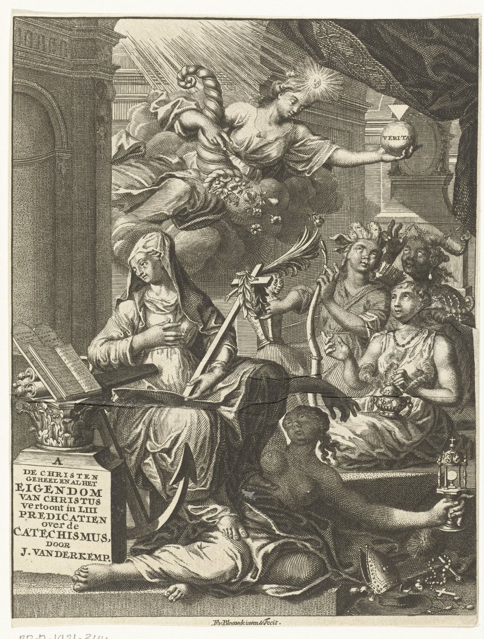 Alegoria z kobiecymi personifikacjami m.in. prawdy oraz ewentualnie cnót i wad Strona tytułowa dla: Johannes van der Kemp, Chrześcijanin w życiu i śmierci całkowicie należy do Chrystusa, przedstawia w 53 kazaniach o autorstwa François van Bleyswijck