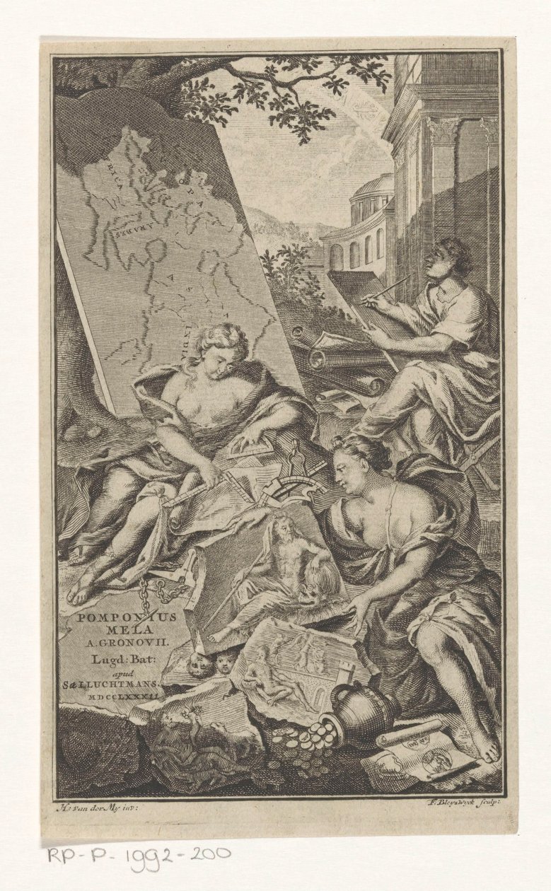 Alegoria op de meetkunde Titelpagina voor: Pomponius Mela en Abraham Gronovius, Pomponii Melae de situ orbis libri III, 1782 autorstwa François van Bleyswijck