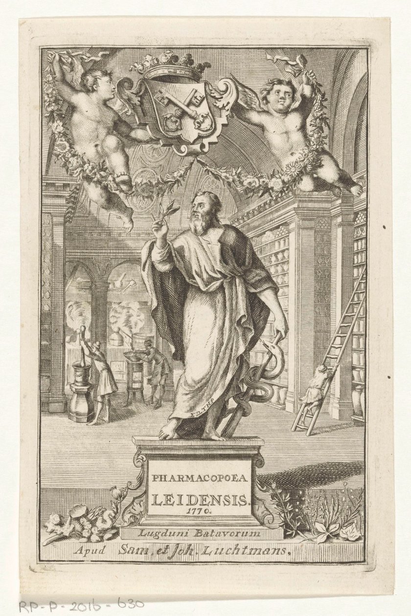 Asklepios Titelpagina voor: S.n., Farmakopea Leiden, ustanowiona władzą największych sędziów, 1770 autorstwa François van Bleyswijck