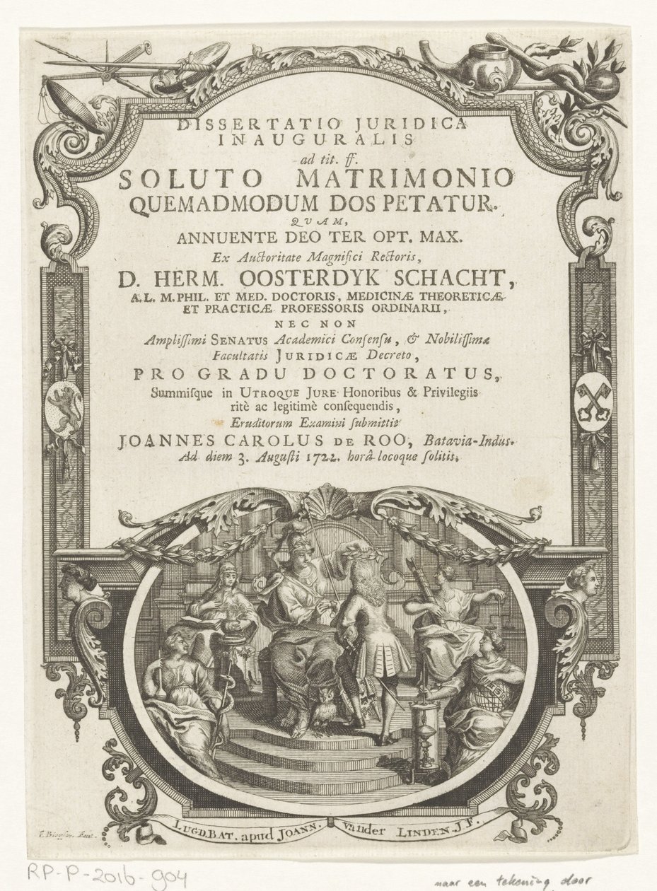 Minerva lauwert schrijver Titelpagina voor: Johannes Carolus de Roo, Dissertatio juridica inauguralis, ad tit. ff. po rozwiązaniu małżeństwa, jak prosi się o posag, 1722 autorstwa François van Bleyswijck