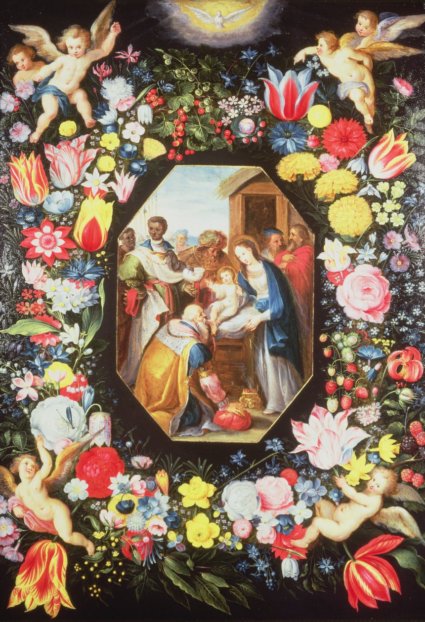 Pokłon Trzech Króli otoczonych Girlandą Kwiatów autorstwa Frans II Francken the Younger