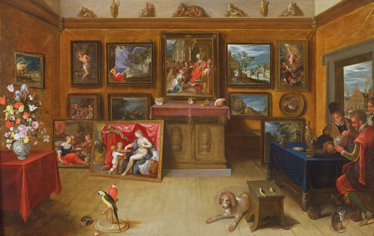 Galeria obrazów z człowiekiem nauki dokonującym pomiarów na globusie, 1612 r. autorstwa Frans II Francken the Younger