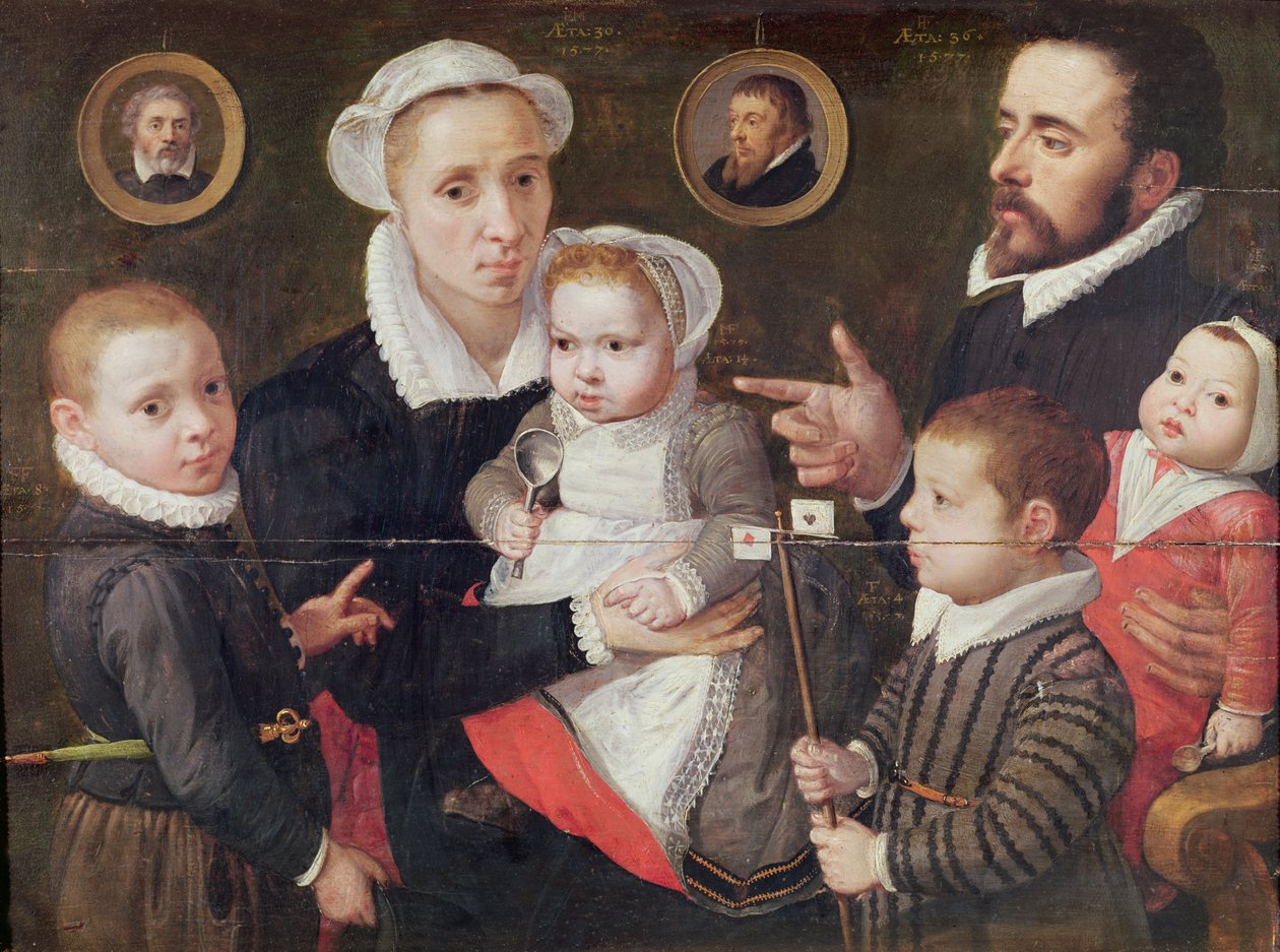 Portret rodziny: rodzice z dziećmi i przodkami, 1577 autorstwa Frans Menton d