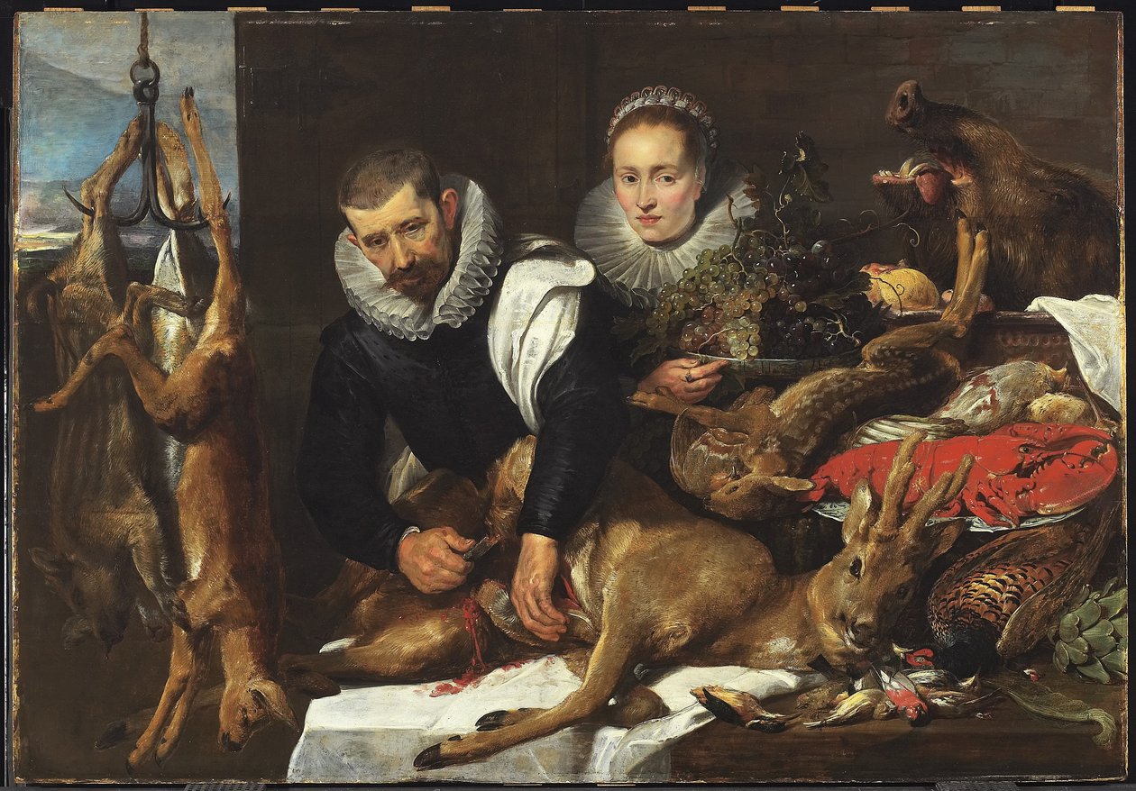 Wypatroszenie Roebucka z portretem pary małżeńskiej, ok. 1625 (olej na płycie pilśniowej) autorstwa Frans Snyders or Snijders