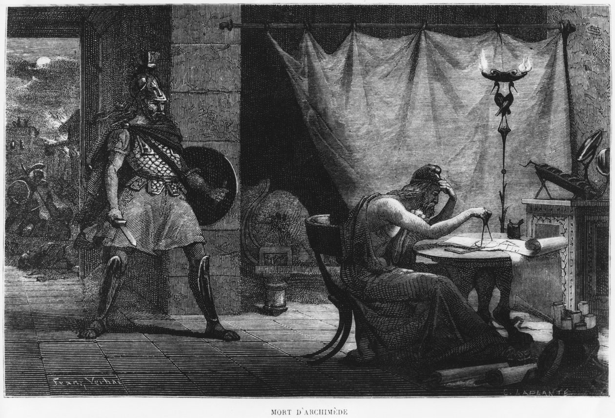 Śmierć Archimedesa, ilustracja z „La Vie des Savants Illustres” Louisa Figuiera, sztychowana przez Charlesa Laplante (zm. 1903) Paryż, opublikowana w 1872 r. autorstwa Jan Frans Verhas
