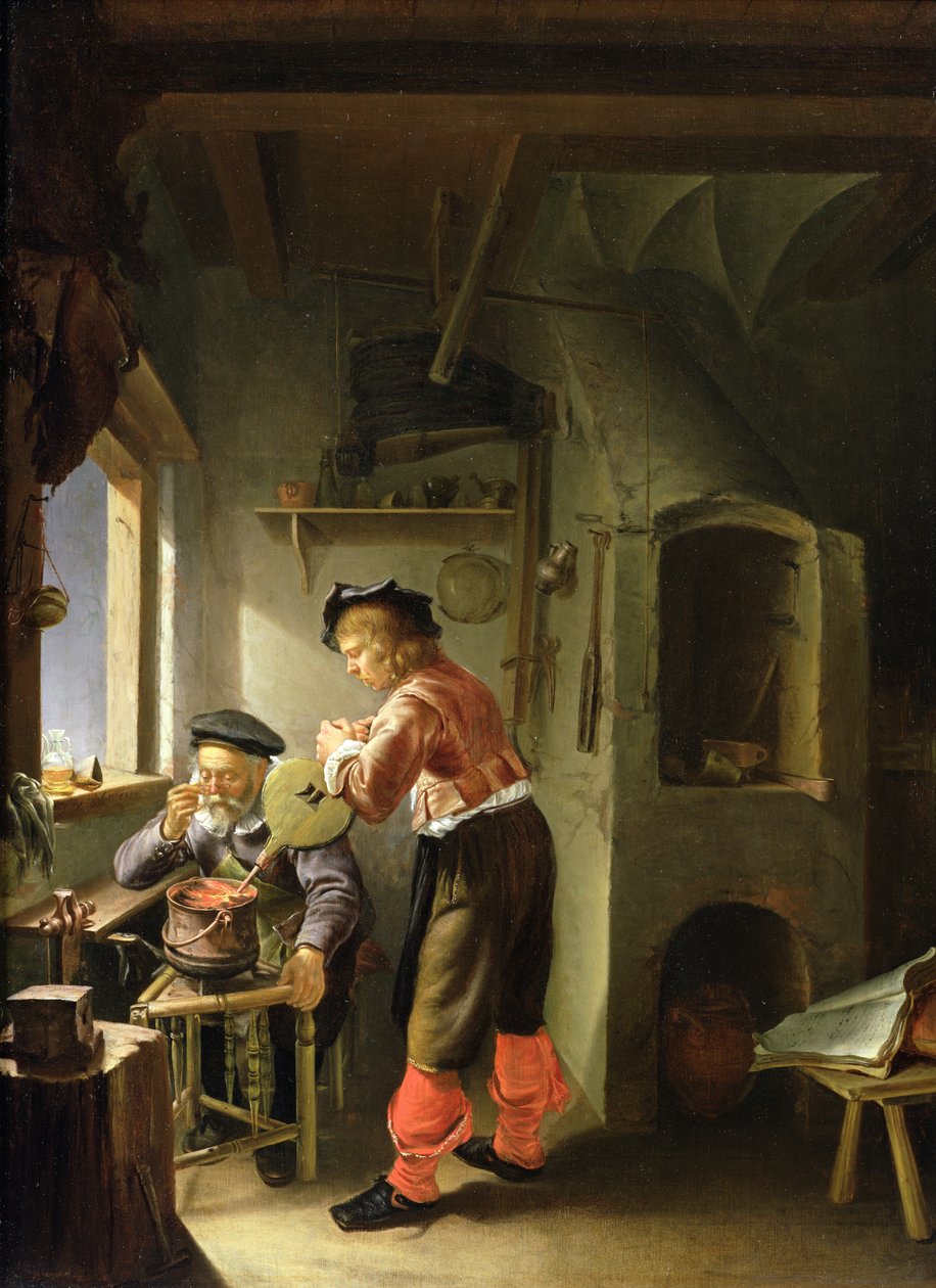 Alchemik i jego pomocnik w swoim warsztacie autorstwa Frans van Mieris