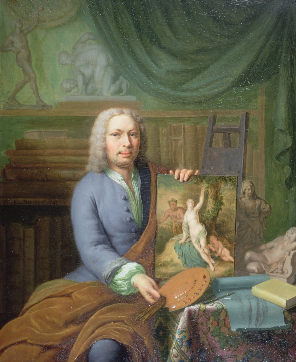 Portret ojca artysty, trzymającego jego obraz "Erigone". autorstwa Frans van Mieris