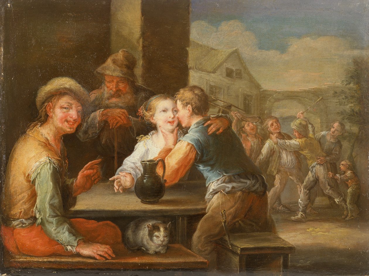 Żebrak śmiejący się z zalotnej pary (olej) autorstwa Frans Christoph Janneck