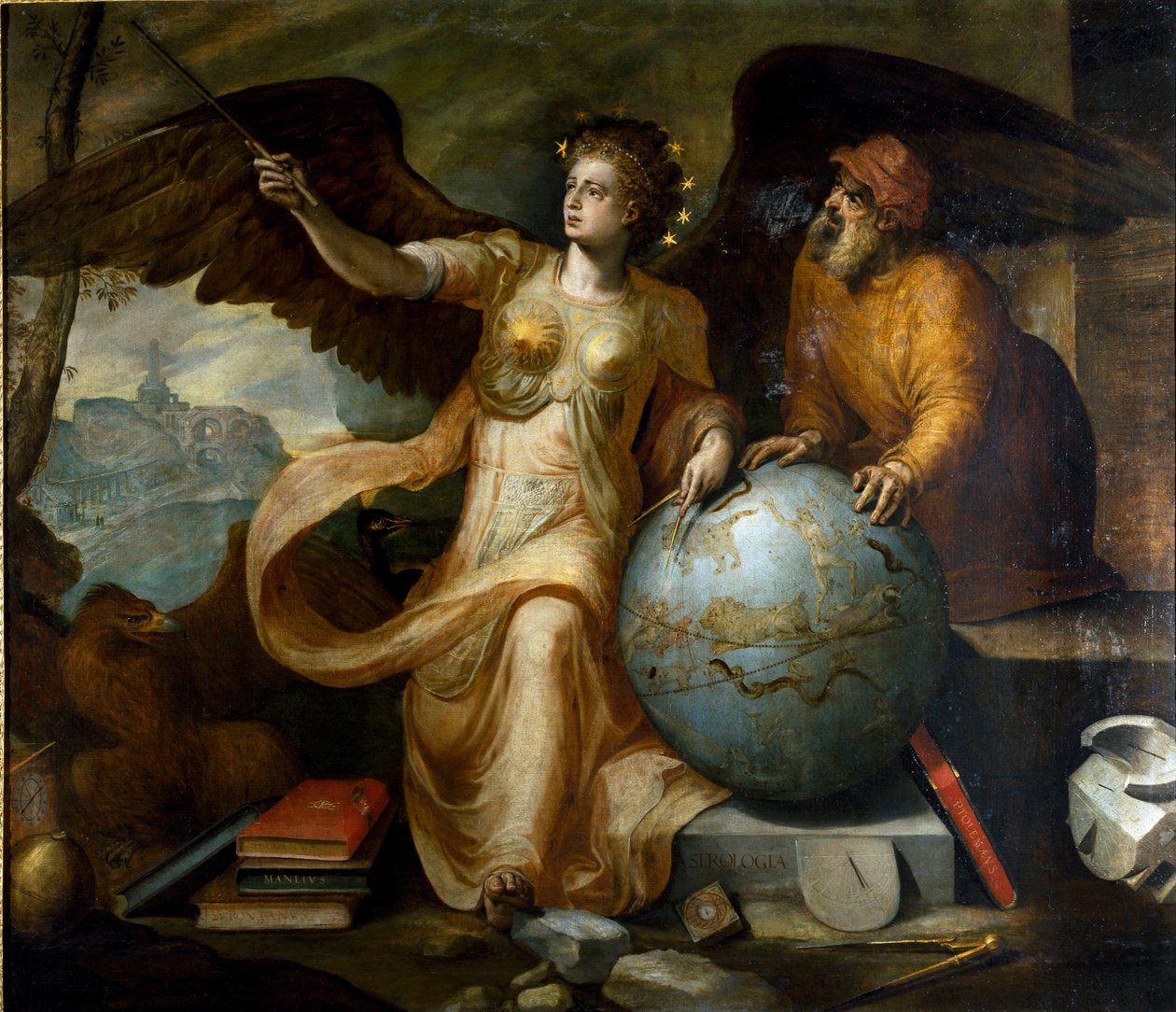 Astrologia. Alegoria i personifikacja astrologii z instrumentami astrologicznymi i globusem niebieskim. Obraz Fransa Florisa (1515-1570). Malarz flamandzki. Geny, prywatna kolekcja. autorstwa Frans Floris