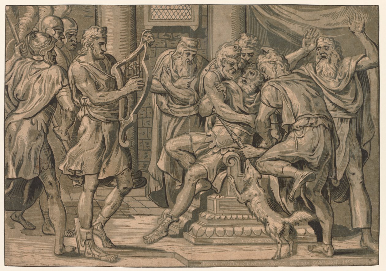 Dawid grający na harfie przed Saulem, 1555. autorstwa Frans Floris