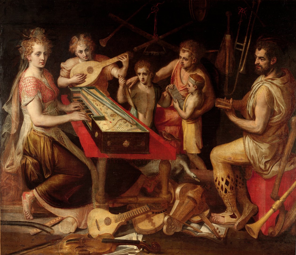 Music Characters vetus ma starożytne otoczenie instrumentów muzycznych, które tworzą alegorię. Obraz Fransa Florisa (1515-1570) Geny z XVI wieku, kolekcja prywatna autorstwa Frans Floris
