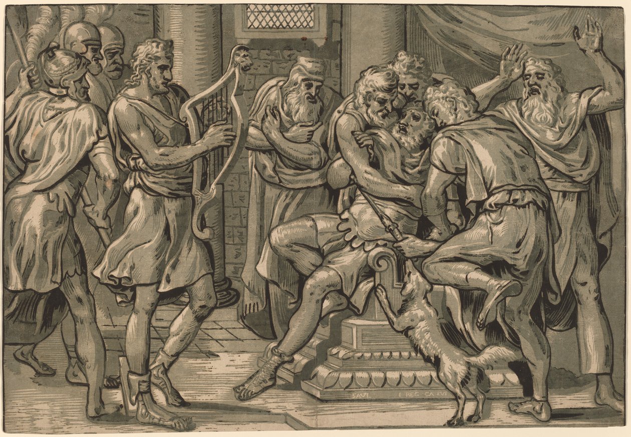 Dawid grający na harfie przed Saulem autorstwa Frans Floris I