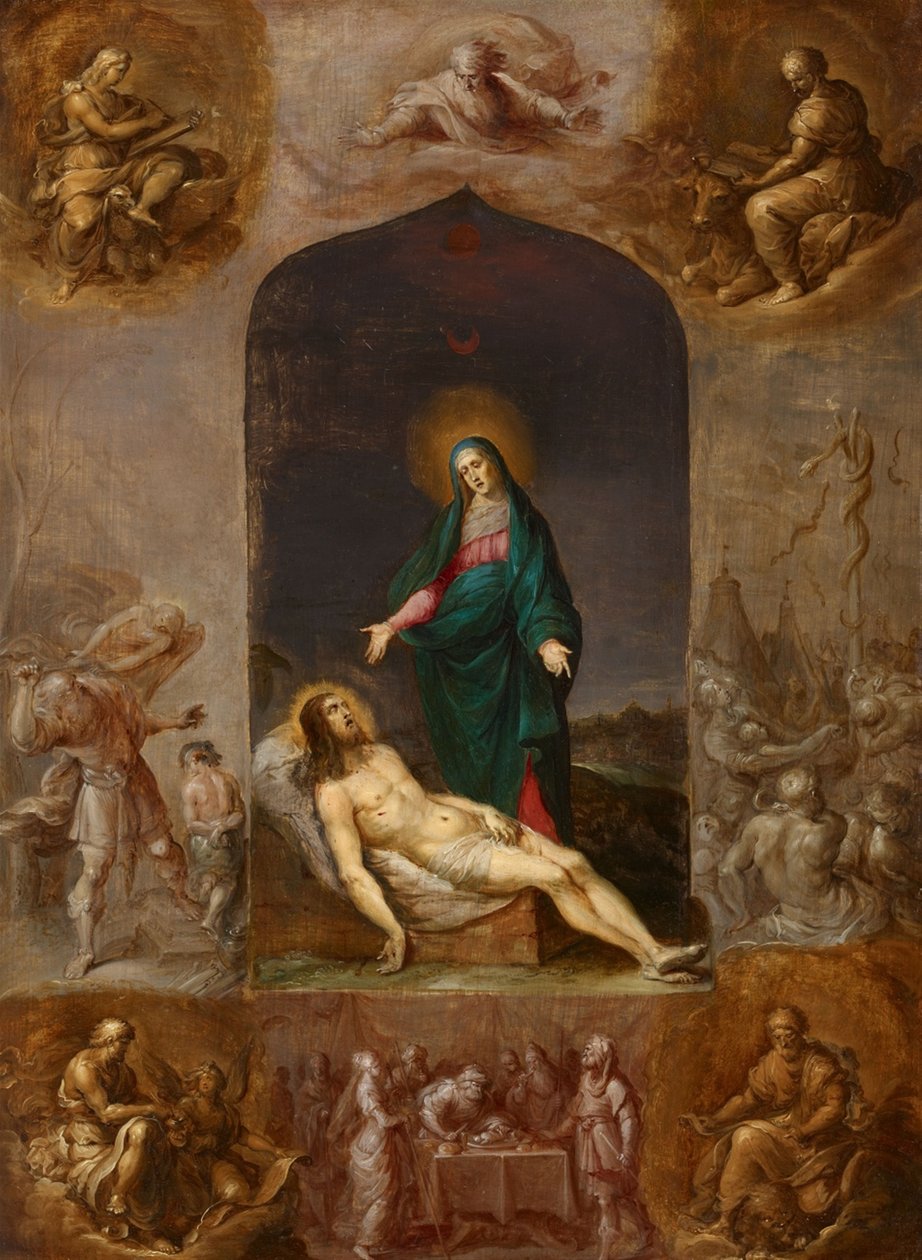 Pieta otoczona grisailami czterech ewangelistów i scenami ze Starego Testamentu autorstwa Frans Francken the Younger