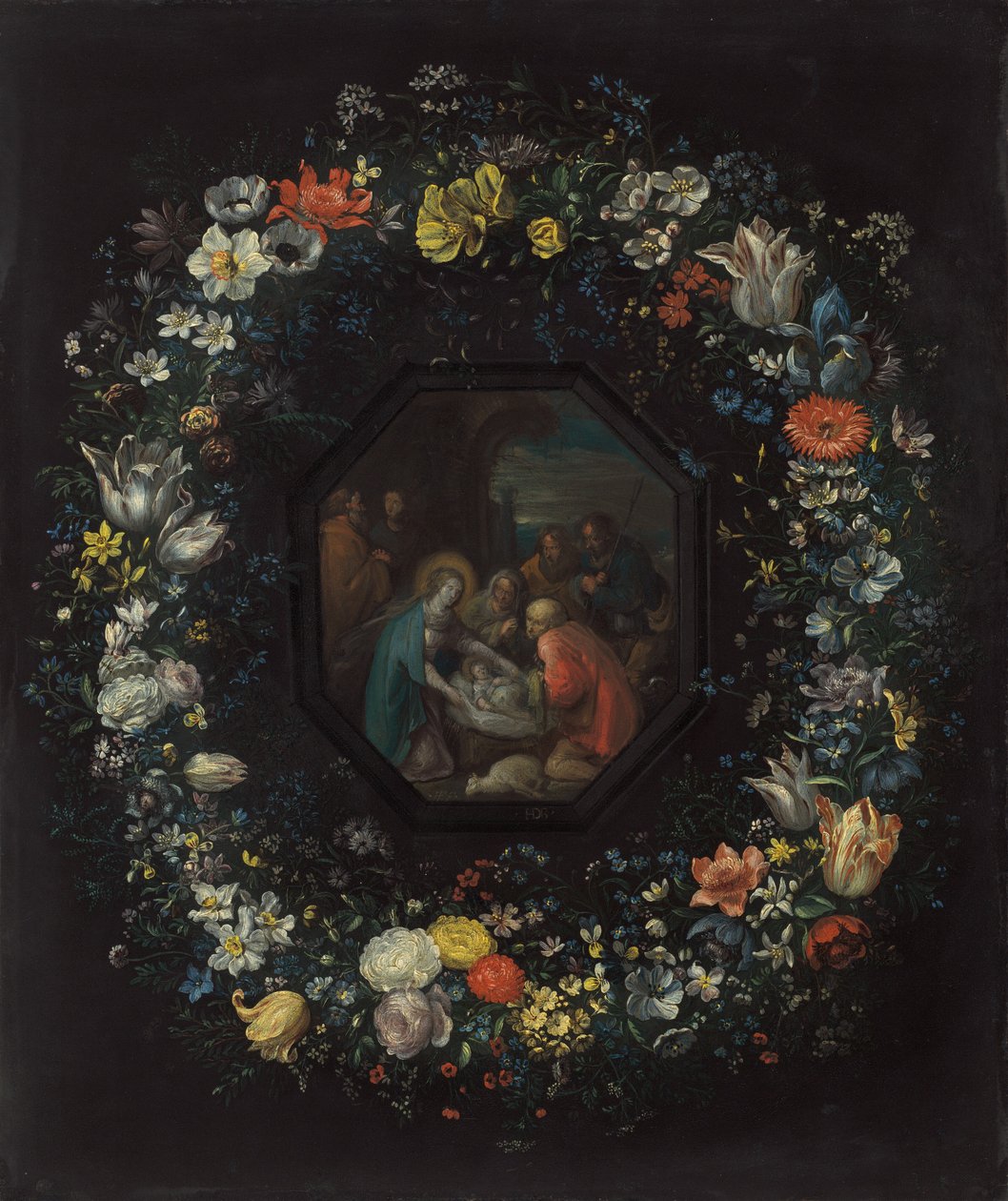 Girlanda z kwiatów z adoracją pasterzy autorstwa Frans Francken the Younger and Master HDB