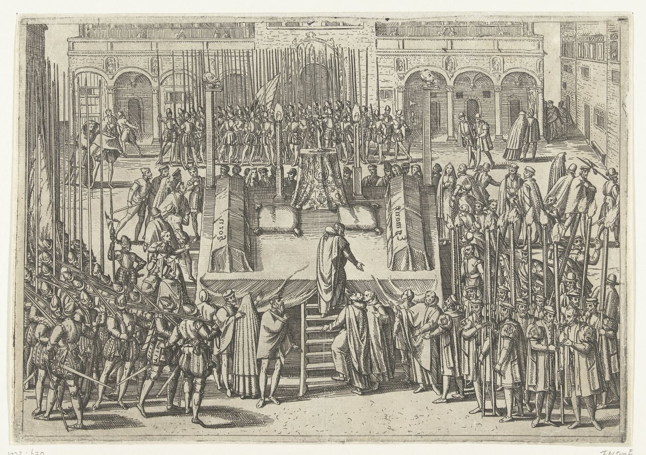 Rusztowanie po ścięciu Egmond i Horne, 1568 autorstwa Frans Hogenberg (attributed to)