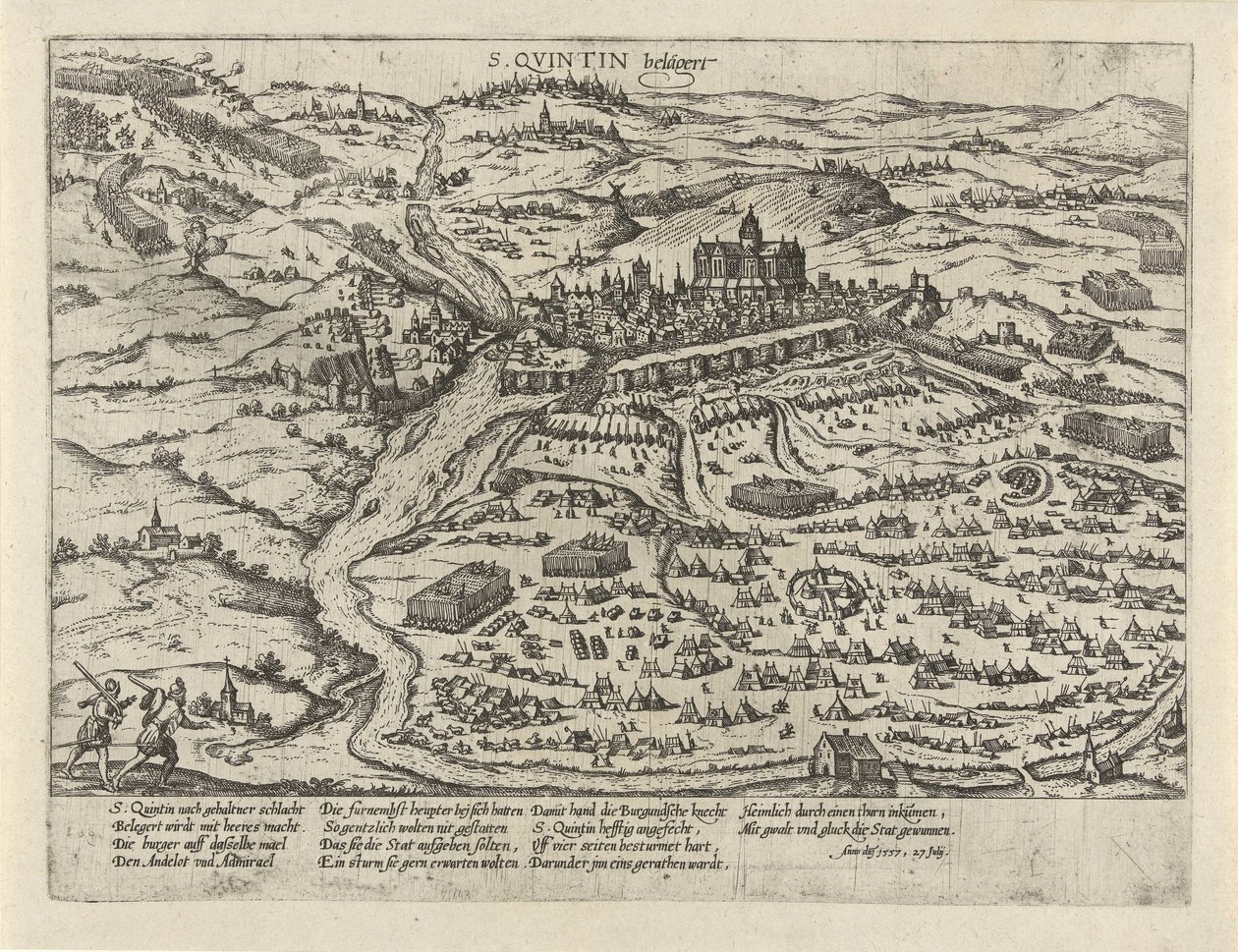 Oblężenie Saint-Quentin, 1557 S. Quintin belägert (tytuł na obiekcie) Seria 2: Wydarzenia w Holandii, 1555-1558 (tytuł serii) autorstwa Frans Hogenberg