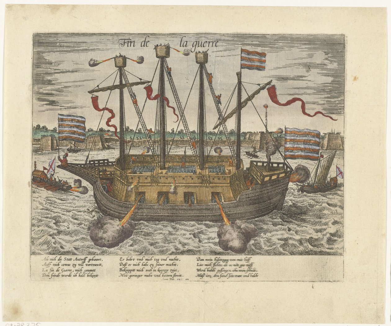 Statek Fin de la guerre, 1585 Fin de la guerre (tytuł na obiekcie) Seria 9: Wydarzenia holenderskie i niemieckie, 1583-1587 (tytuł serii) autorstwa Frans Hogenberg