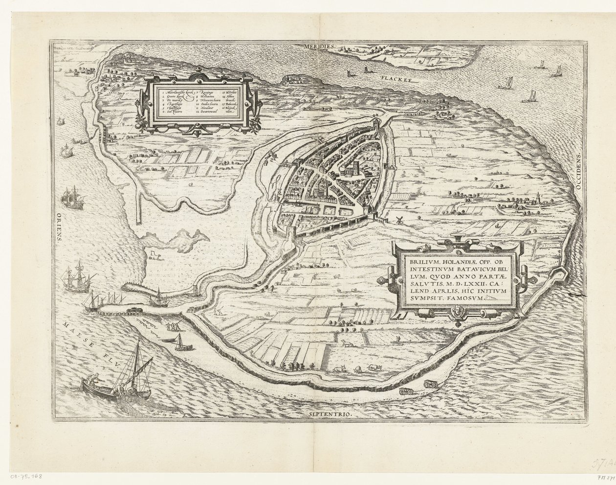 Kaart van het eiland Voorne en plattegrond van Brielle, 1572 Brillium, Holandia op. z powodu morderczej wojny holenderskiej, która w roku zwycięstwa Zbawienia w 72 r. n.e w upale kwietnia zaczął tutaj, sławny (tytuł na obiekcie) autorstwa Frans Hogenberg