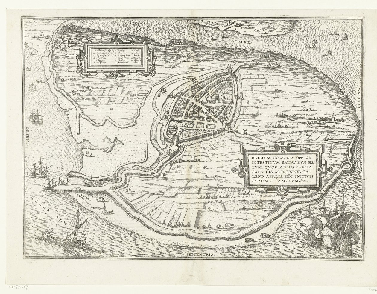 Kaart van het eiland Voorne en plattegrond van Brielle, 1572 Brillium, Holandia op. z powodu morderczej wojny holenderskiej, która w roku zwycięstwa Zbawienia w 72 r. n.e w upale kwietnia zaczął tutaj, sławny (tytuł na obiekcie) autorstwa Frans Hogenberg