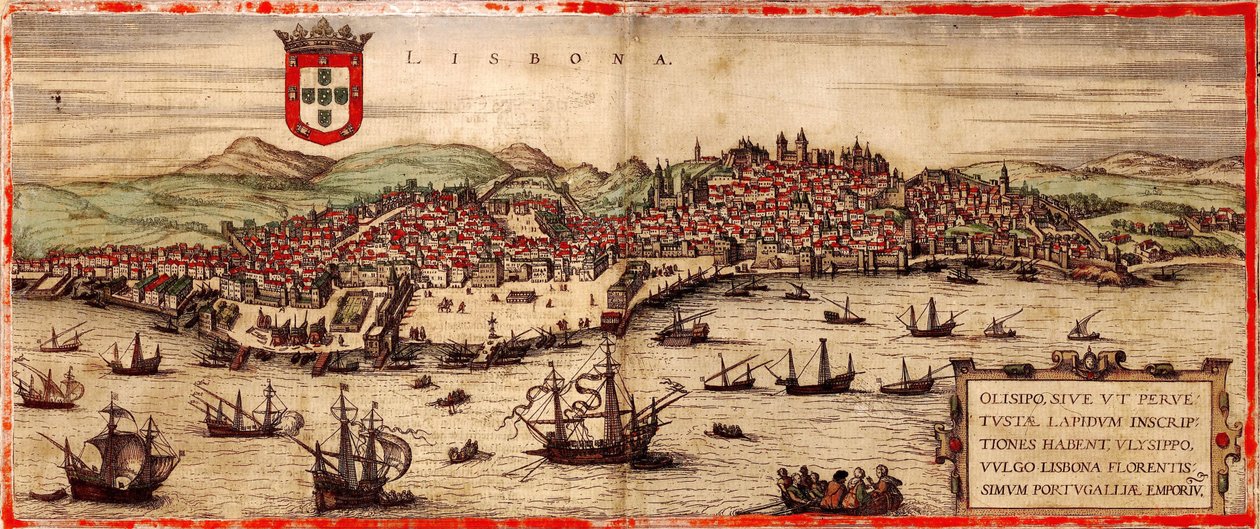 Widok na Lizbonę i rzekę Tag Z: Mapa świata, 1572 autorstwa Frans Hogenberg