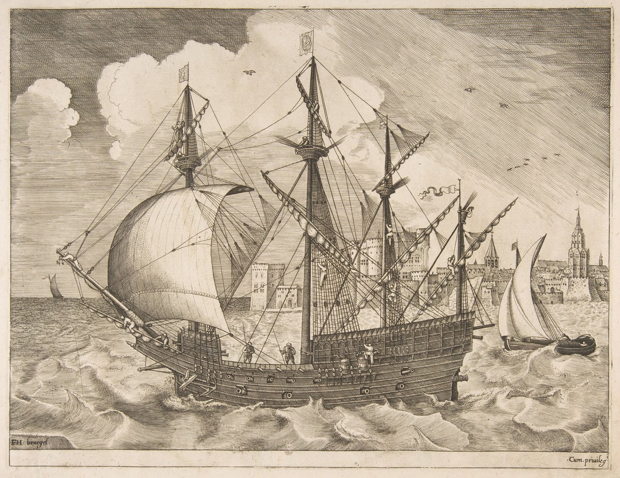 Uzbrojony czteromasztowiec wypływający na morze z żaglowców, ok. godz. 1555-56. autorstwa Frans Huys