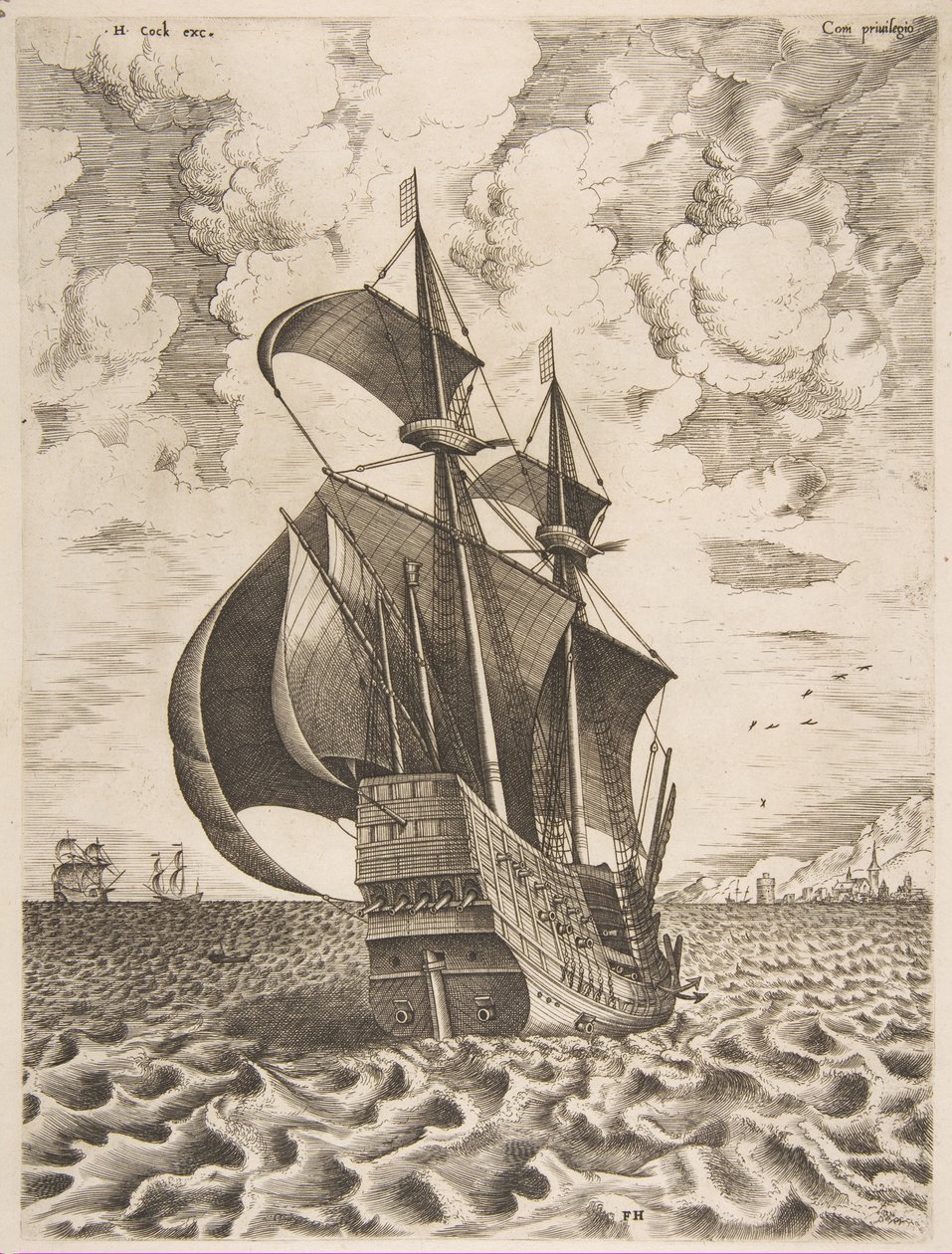 Uzbrojony czteromasztowiec płynący w kierunku portu z żaglowców, 1561-65. autorstwa Frans Huys