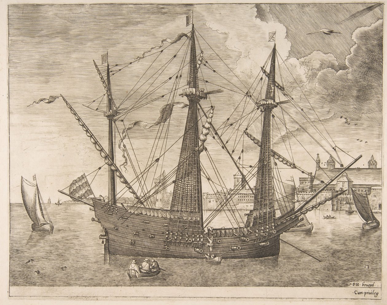 Uzbrojony trójmistrz zakotwiczony w pobliżu miasta z żaglowców, ca. 1555-56. autorstwa Frans Huys