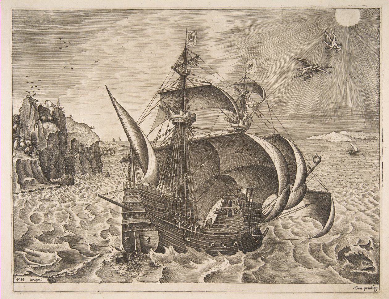 Uzbrojony trójmistrz z Dedalem i Ikarem na niebie z The Sailing Vessels, 1561-65. autorstwa Frans Huys