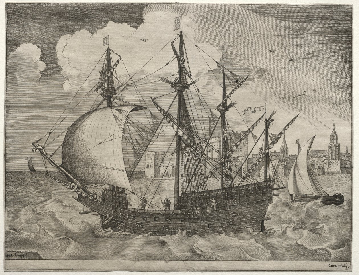 Żaglowce: uzbrojony czteromasztowiec wypływający na morze, 1561-65. autorstwa Frans Huys