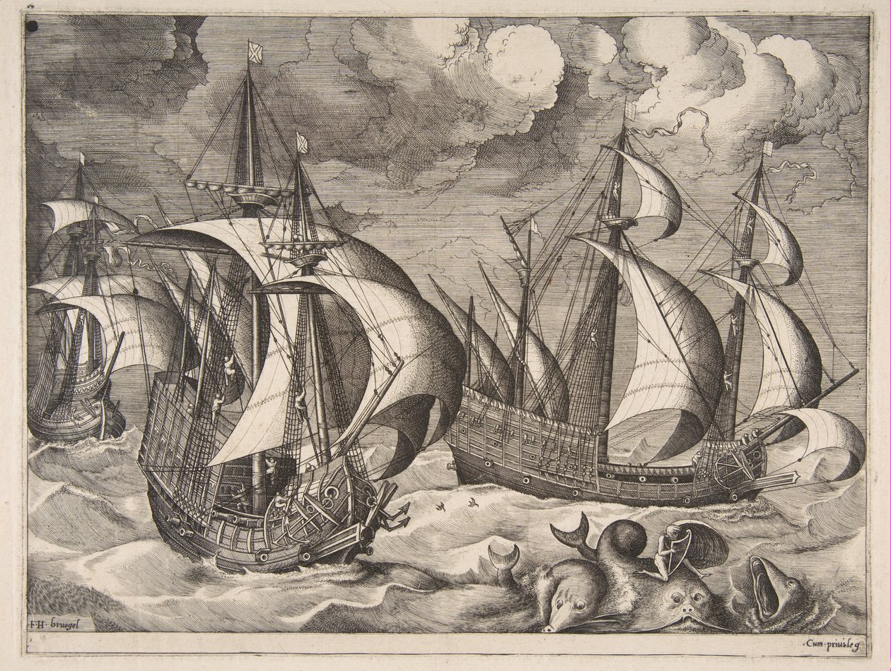 Trzy karawele podczas narastającego szkwału z Arionem na delfinie z filmu „Żaglujące statki”, 1561-65. autorstwa Frans Huys