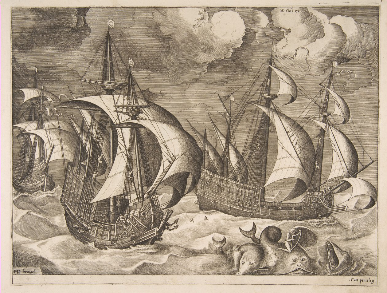 Trzy karawele podczas narastającego szkwału z Arionem na delfinie z filmu „Żaglujące statki”, 1561-65. autorstwa Frans Huys