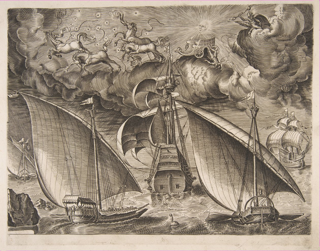 Dwie galery płynące za uzbrojonym trójmistrzem z Faetonem i Jowiszem na niebie, f..., 1561-65. autorstwa Frans Huys