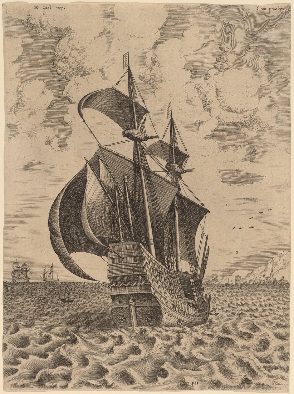 Uzbrojony czteromistrz płynący w kierunku portu autorstwa Frans Huys after Pieter Bruegel the Elder