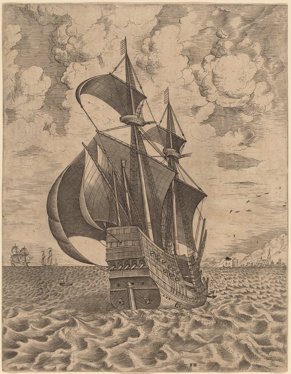 Uzbrojony czteromistrz płynący w kierunku portu autorstwa Frans Huys after Pieter Bruegel the Elder